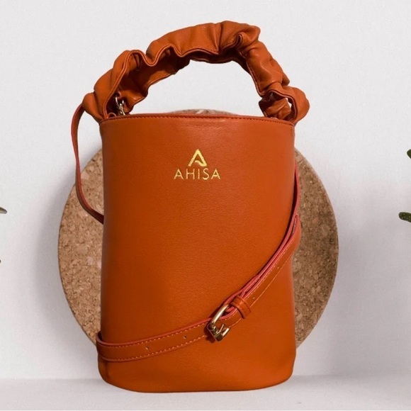 Ahisa Bag Bettye Bucket Vegan Medium French Cognac GUC - Picture 10 of 10